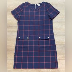 J Crew Factory relaxed plaid printed pocket navy short sleeve dress size 8 NWT